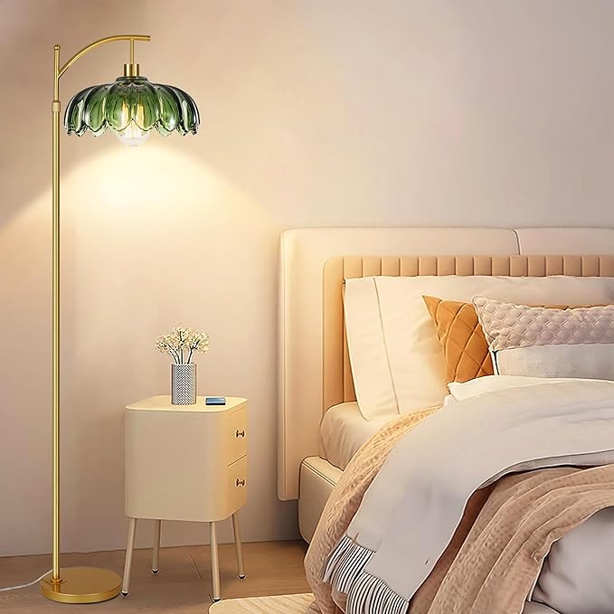 Arc Floor Lamps for Living Room Gold Floor Lamp with Remote Control,Dimmable Floor Lamp with Glass Lampshade,Vintage Mid Century Modern Standing Lamp Tall Flower Lamps for Bedroom Corner