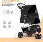 Magshion 3-Wheel Pet Stroller for Small/Medium Dog Cat, Up to 33lbs, Black | Foldable Travel Jogger w/ Breathable Mesh Cover, Lightweight Design, Safety Tethers, Cup Holder & Storage Basket