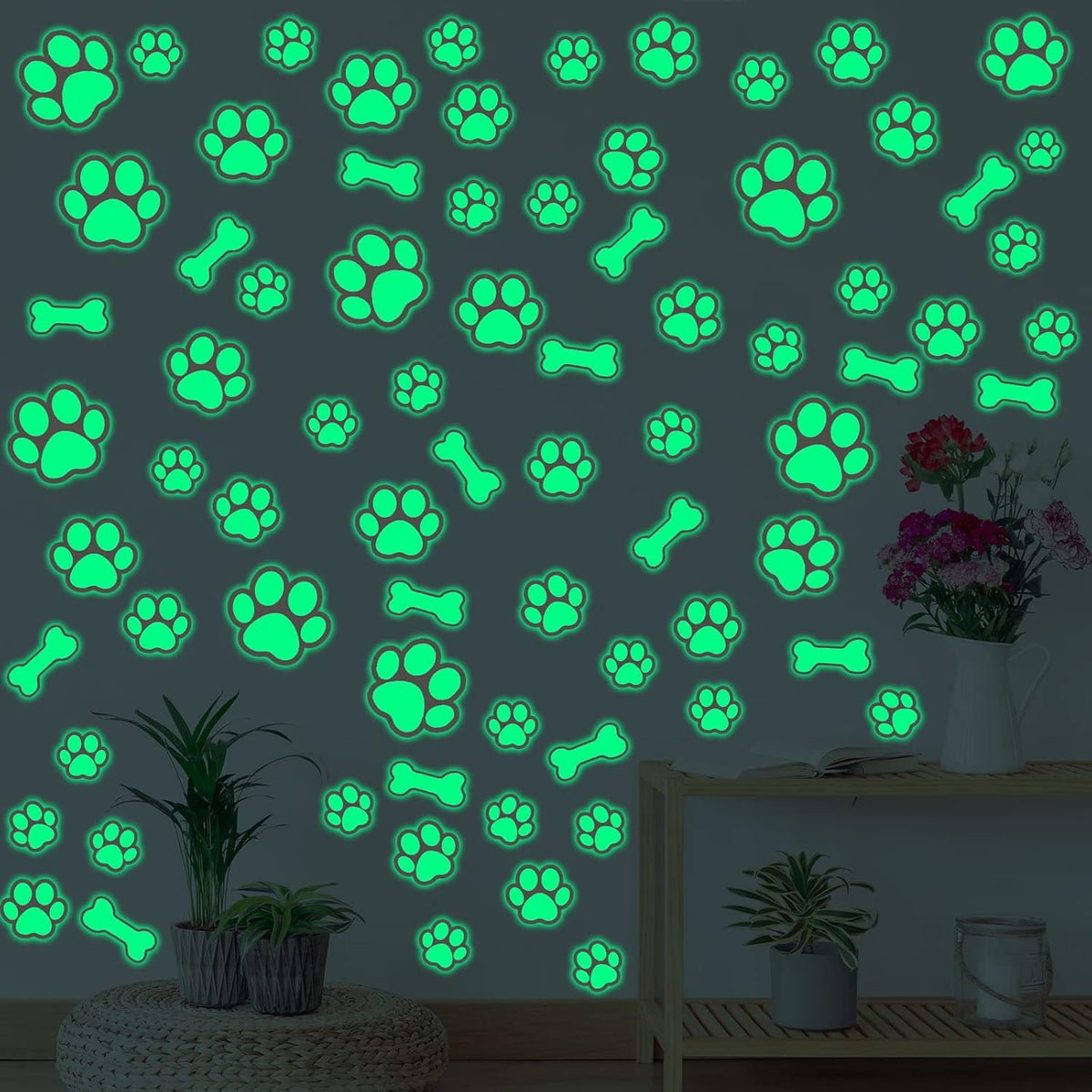 127 Glow in The Dark Dog Paw Stickers Luminous Removable Vinyl Wall Decals for Kids Nursery Bedroom(Green Light)