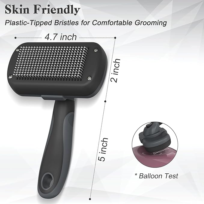 Self-Cleaning Deshedding Brush for Dogs & Cats - Skin-Friendly Grooming Tool with Hair Brush for Long and Short Haired Pets, Grey