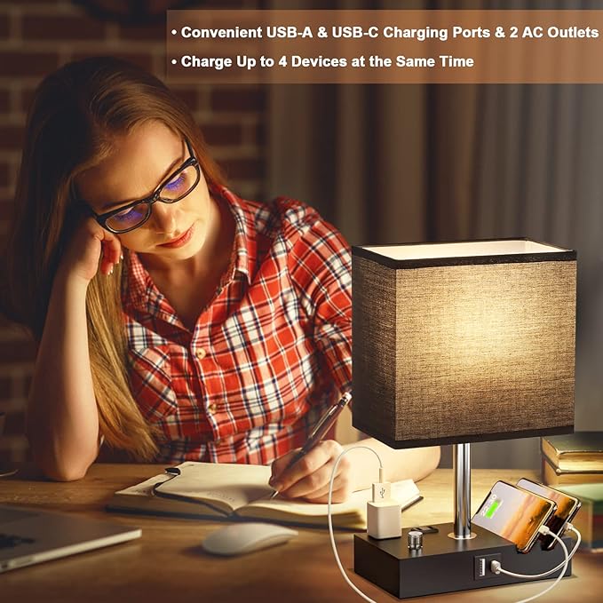 Kakanuo Table Lamp for Bedroom with Dual USB Ports, Fully Dimmable Black Bedside Lamp with Phone Stands and 2 Charging Outlets, Desk Lamp for Nightstand and Living Room, LED Bulb Included