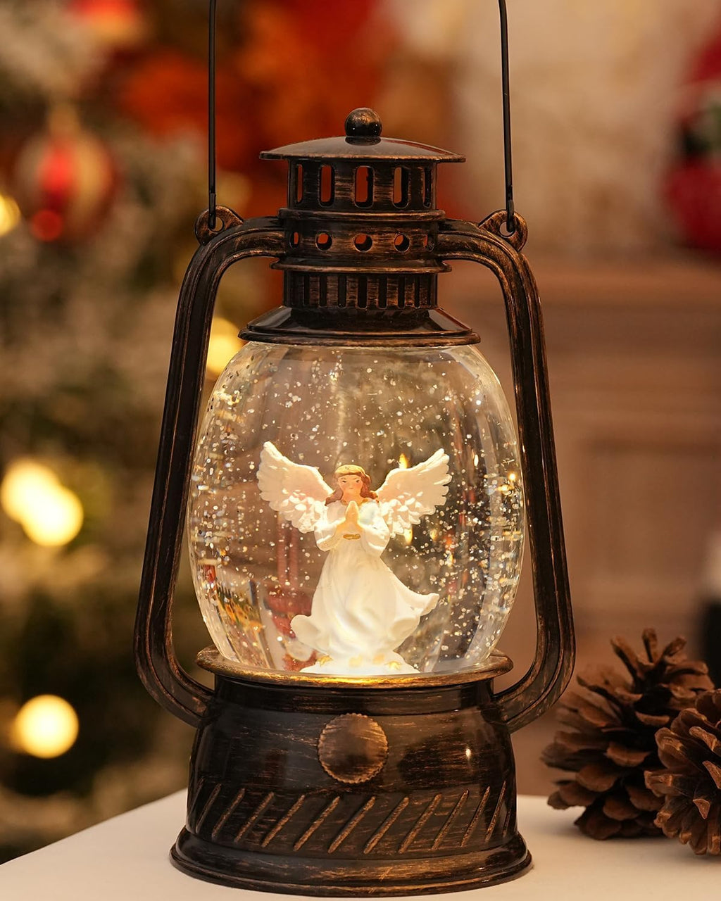 Christmas Decorations Indoor-Musical Snow Globe Christmas with 6H Timer,Angel Lighted Scene Snow Globes Lantern USB or Battery Powered,Christmas Decorations Decor for Home