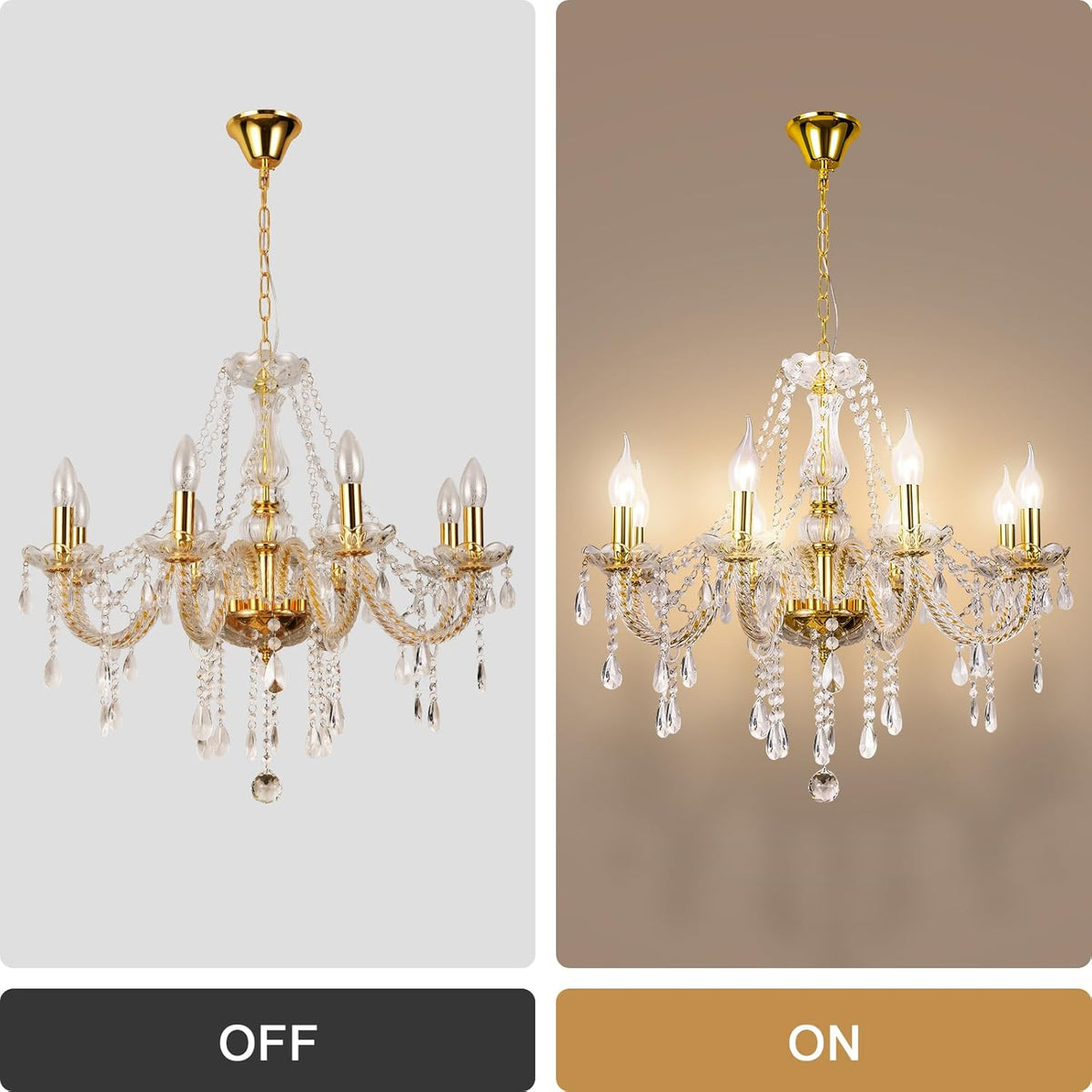 Modern Elegant 10 Lights K9 Crystal Glass Chandelier Golden Pendant Ceiling Lighting European Style for Dining Living Room Bedroom Transparent, 10 E12 Bulbs Required