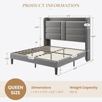 SHA CERLIN Queen Size Bed Frame with Charging Station & Storage Headboard, Velvet Platform Bed with Upholstered Modern Wingback Design, Wooden Slats Support, No Box Spring Needed, Easy Assembly, Grey