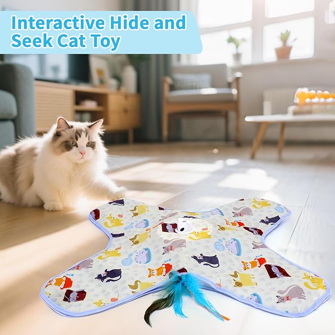 DFQ Interactive Cat Toys Chargeable,Automatic Toy for Indoor Cats with Moving Concealed Wand Feather, 2 in 1 Hide and Seek Game Cat Toy for Hunting Instincts Exercise,Bored Adult Cats Wand Toy