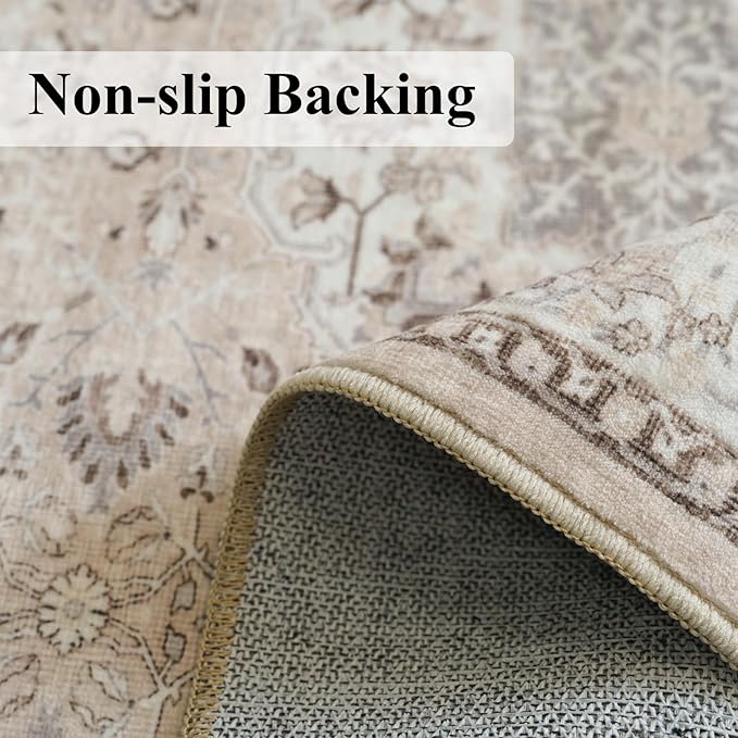 Washable 4x12 Wide Hallway Runners: 12ft Vintage Soft Runner Rug for Entryway Living Room Non Slip Water Resistant Carpet for Kitchen Dining Room Ultra Thin Nursery Bedroom Area Rug(Beige,4x12)