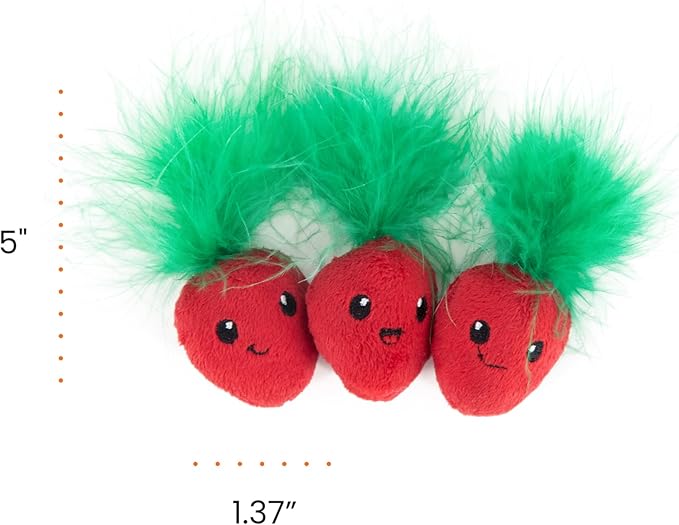 Catstages Strawbabies 3-Pack Catnip Cat Toys for Dental Health, Feather & Crinkle Teething Toys for Kittens and Indoor Cats, Interactive Play, Pink
