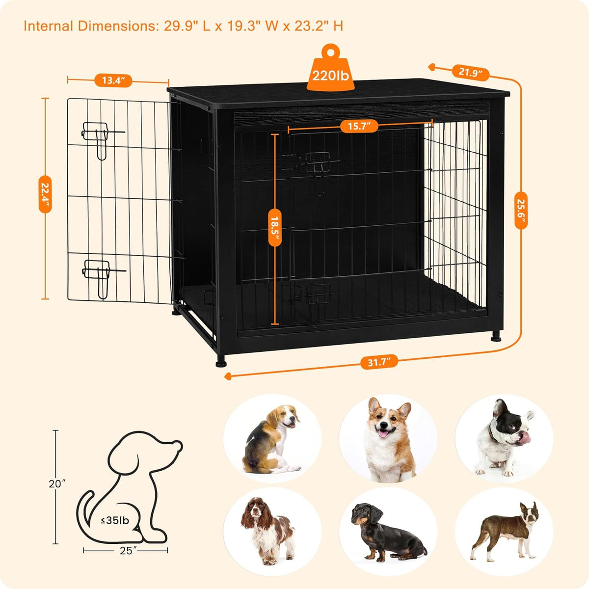 DWANTON Dog Crate Furniture with Cushion, Wooden Kennel Table with Double Doors, Indoor Dog House, Medium Size, 32.5" L, Black
