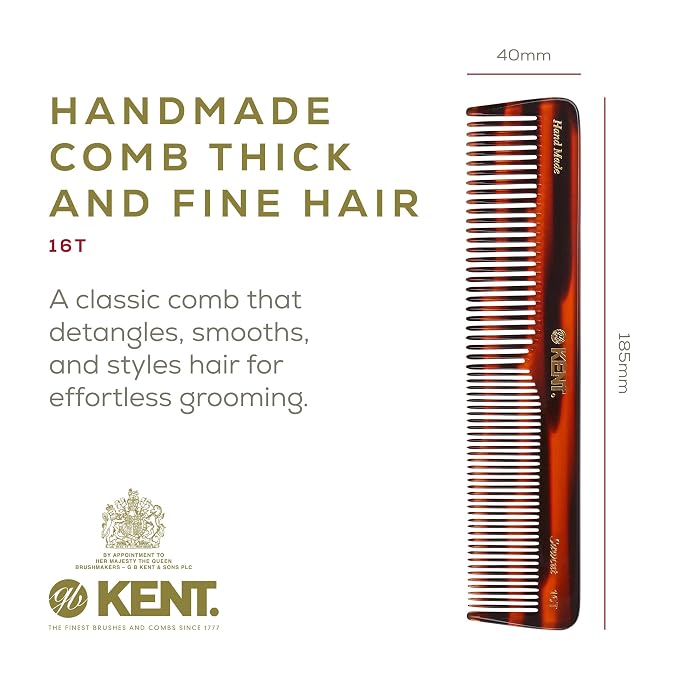 Kent 16T Tortoise Fine Tooth and Wide Tooth Comb for Daily Grooming, Styling Comb for All Hair Types, Wet or Dry Hair Detangling Combs for Men and Women,Saw Cut Hand Polished, Made in England