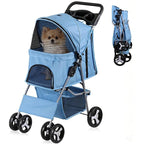 4 Wheels Dog Stroller Folding Pet Strolling Cart for Small Medium Cats Puppies Portable Jogger Travel Camping Puppy Carrier with Storage Basket Cup Holder, Blue