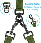 PetBonus Double Dog Leash, No Tangle Dual Leash, Reflective Walking Training Lead, 4 Comfortable Padded Handles for 2 Dogs with Collapsible Bowl and Waste Bags (Khaki Green, Large)