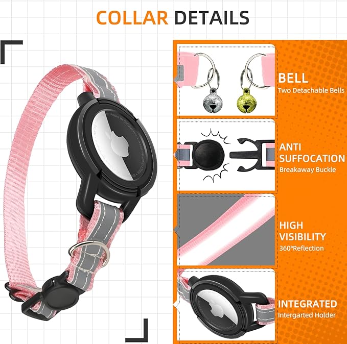 Airtag Cat Collar Breakaway, Odokele Reflective Cats Collars with Apple Air Tag Holder for Kitten, Cat GPS Tracker Adjustable Collars with Safety Quick Release Buckle for Kitties and Puppies - Pink