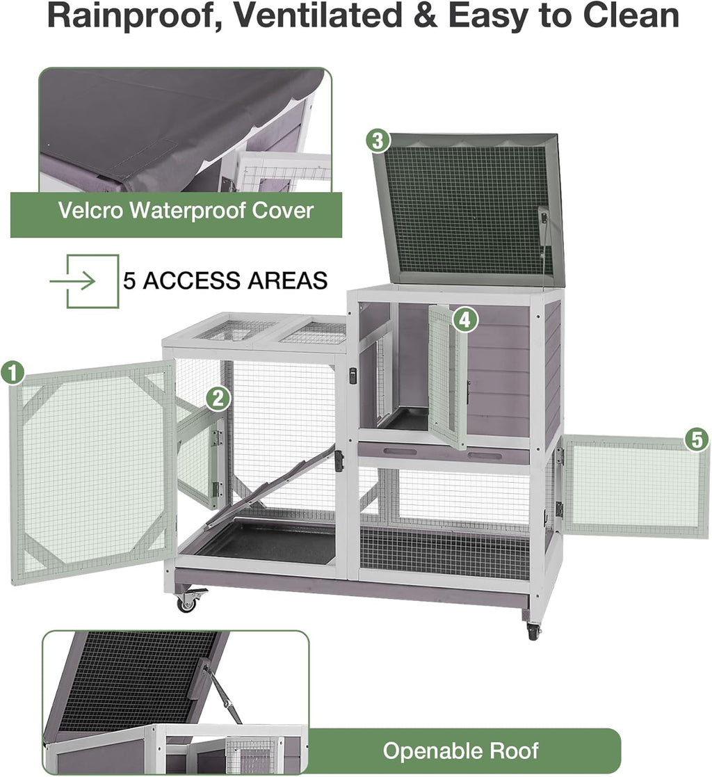 Rabbit Hutch 2-Story Wooden Bunny Cage with 2 Leak-Proof Sliding Trays, Chew-Proof Metal Mesh, Rainproof Cover, Indoor & Outdoor Guinea Pig House with Wheels - Grey