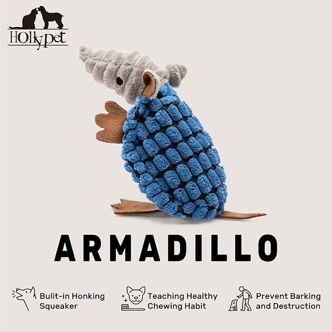Hollypet Plush Dog Squeaky Toy Stuffed Armadillo Animal Pet Puppy Chew Toys with Clean Teeth for Small Medium Large All Breed Sizes Dogs, Blue, 6 in