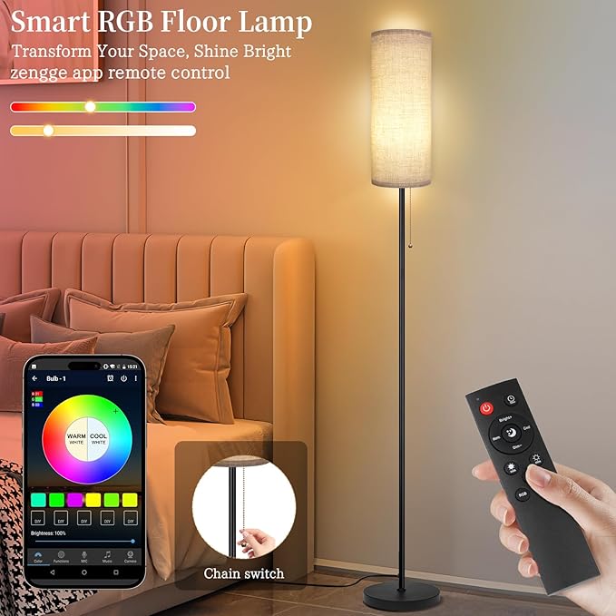 Floor Lamp for Living Room, Modern Standing Lamps with Lampshade, Minimalist Tall Lamp with Chain Switch for Living Room, LED Bulb Included (Beige Shade-RGB Bulb)