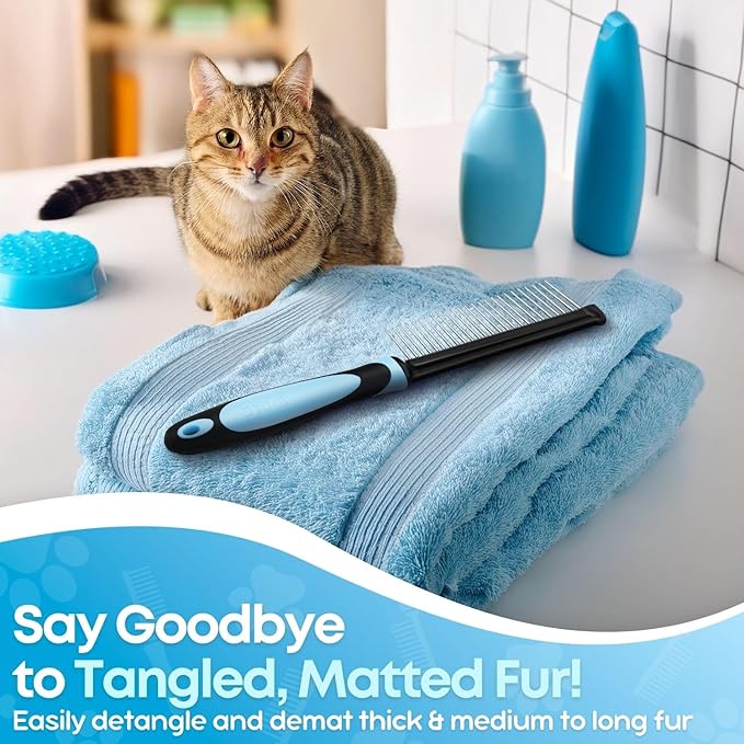 Flexzion Metal Pet Comb for Cats & Dogs - Sturdy Stainless Steel Rounded Teeth with Non-Slip Soft Grip Handle Easy to Use Grooming Detangling Cat Combs for Indoor Cats, Blue