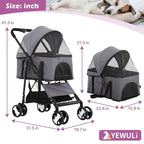 Pet Strollers, Dog Cat Stroller 3-in-1 Detachable Doggy Stroller for Small Medium Dogs 4 Wheel Dog Travel Cart Cat Walker Foldable Wagons for Dogs Trolley for Doggie Rabbit Puppy Strollers, Grey