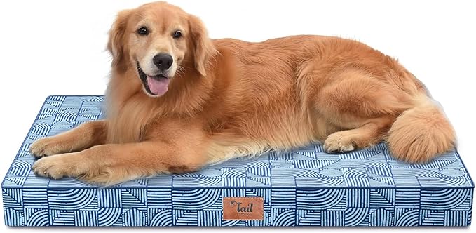 Outdoor Orthopedic Dog Bed for Extra Large Dogs, XL Waterproof Flat Pet Bed 44x32 Inch, Egg Crate Foam with Removable Washable Oxford Cooling Cover, White Blue