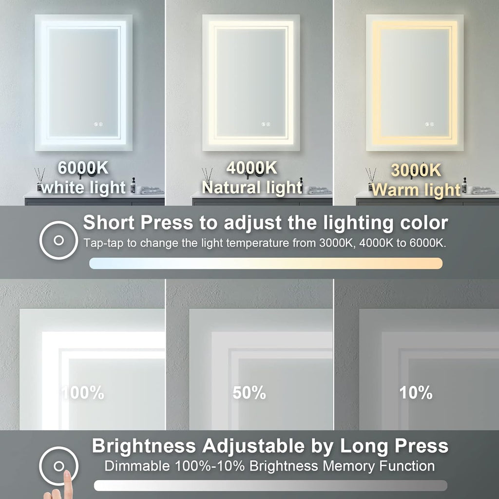 WELLFOR LED Bathroom Vanity Mirror 24 x 32 Inch, Lighted Anti-Fog Dimmable Mirror, IP44 Waterproof Wall Mounted Makeup Mirror, Packed with US Standard Plug and Touch Switch, (Horizontal/Vertical)