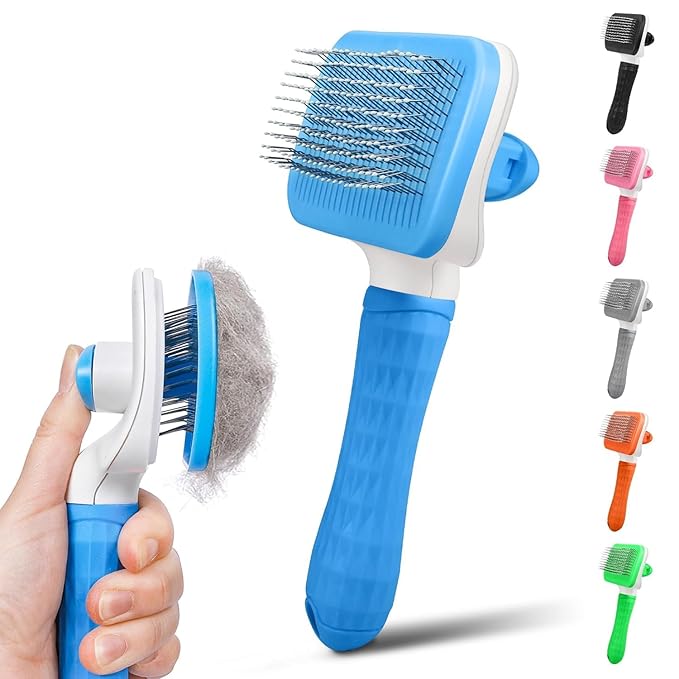 Generic Pet Grooming Brush, Blue - Self Cleaning Hair Brush for Dogs and Cats, Removes Loose Undercoat, Bristles with Massage Particles, Ergonomic Handle, For Long or Short Hair Breeds