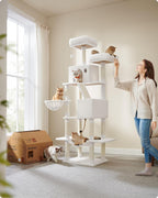 Feandrea Cat Tree, 81.1-Inch Large Cat Tower with 13 Scratching Posts, 2 Perches, 2 Caves, Basket, Hammock, Pompoms, Multi-Level Plush Cat Condo for Indoor Cats, Cream White UPCT190T01