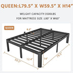 Black Bed Frame Queen Size 14 Inch, Metal Queen Bed Frame No Box Spring Needed, DIY Headboard Holes, Heavy Duty Steel Support 3500 LBS, Noiseless, Round Corner Leg, Storage Space, Easy Assembly