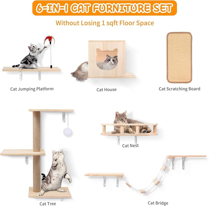 Cat Wall Shelves, Solid Wooden Wall-Mounted Cat Furniture, Set of 6 Cat Climbing Shelves with House, Bed, Bridge, Tree, Steps and Scratcher