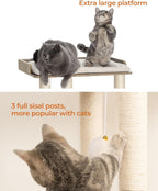 FourFurPets 22in Cat Tree Tower Condo, Cat Scratch Posts for Indoor Cats, Big Plate, Three 23.6in Full Sisal Scratching Posts, Greige
