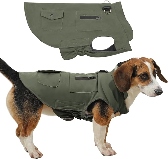 Workwear Style Dog Coats with Harness Built in for Small Dogs Windproof Warm Puppy Jacket with Storage Pockets for Cold Winter,Green XL
