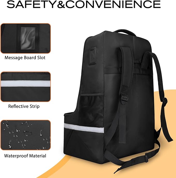 LARIPOP Car Seat Travel Bag for Airplane Gate Check Approved, Padded Backpack with Adjustable Straps, Reflective Strips & Protective Feet for Infant Convertible Booster Seats, Black