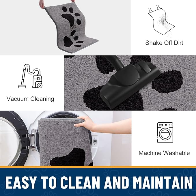 Smiry Dog Door Mat for Muddy Paws, Absorbs Moisture and Dirt, Low-Profile Entryway Mat with Non-Slip Backing, Entry Indoor Outdoor Doormat for Inside Floor (48x30 Inches, Grey, Paw)