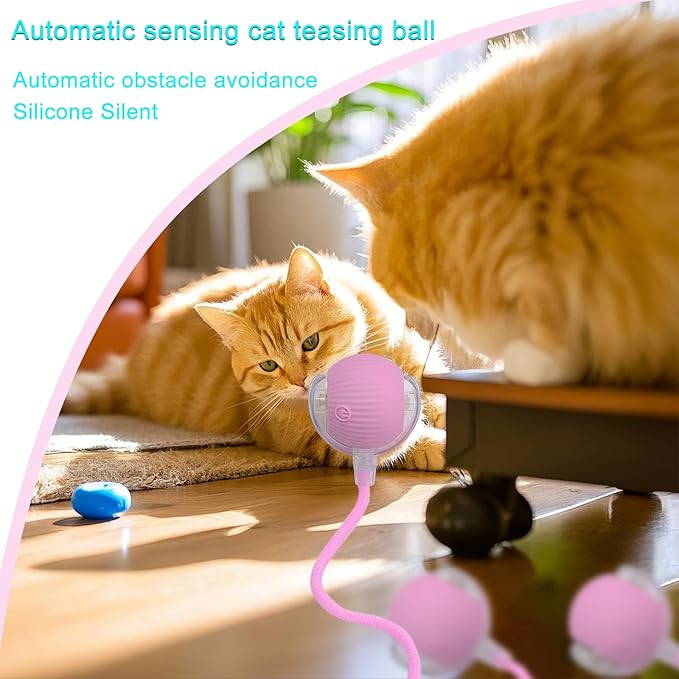 Interactive Cat Dog Toy Ball: Indoor Small Automatic Moving Smart Rolling Fun Pet Game with Led Light and String Tail for Motion Activated, Cute Kitten Puppy Present, Exercise Wheel Supplies (Pink)