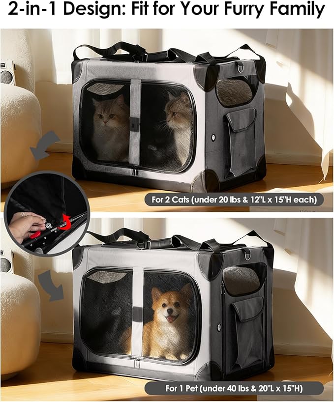 Extra Large Cat Carrier for 2 Cats, XL with Removable Divider, Foldable Soft-Sided Pet Carrier with Storage Tote, Portable Travel Crate for Large Cats, for Car & Home Use, 24" x 17" x 17"