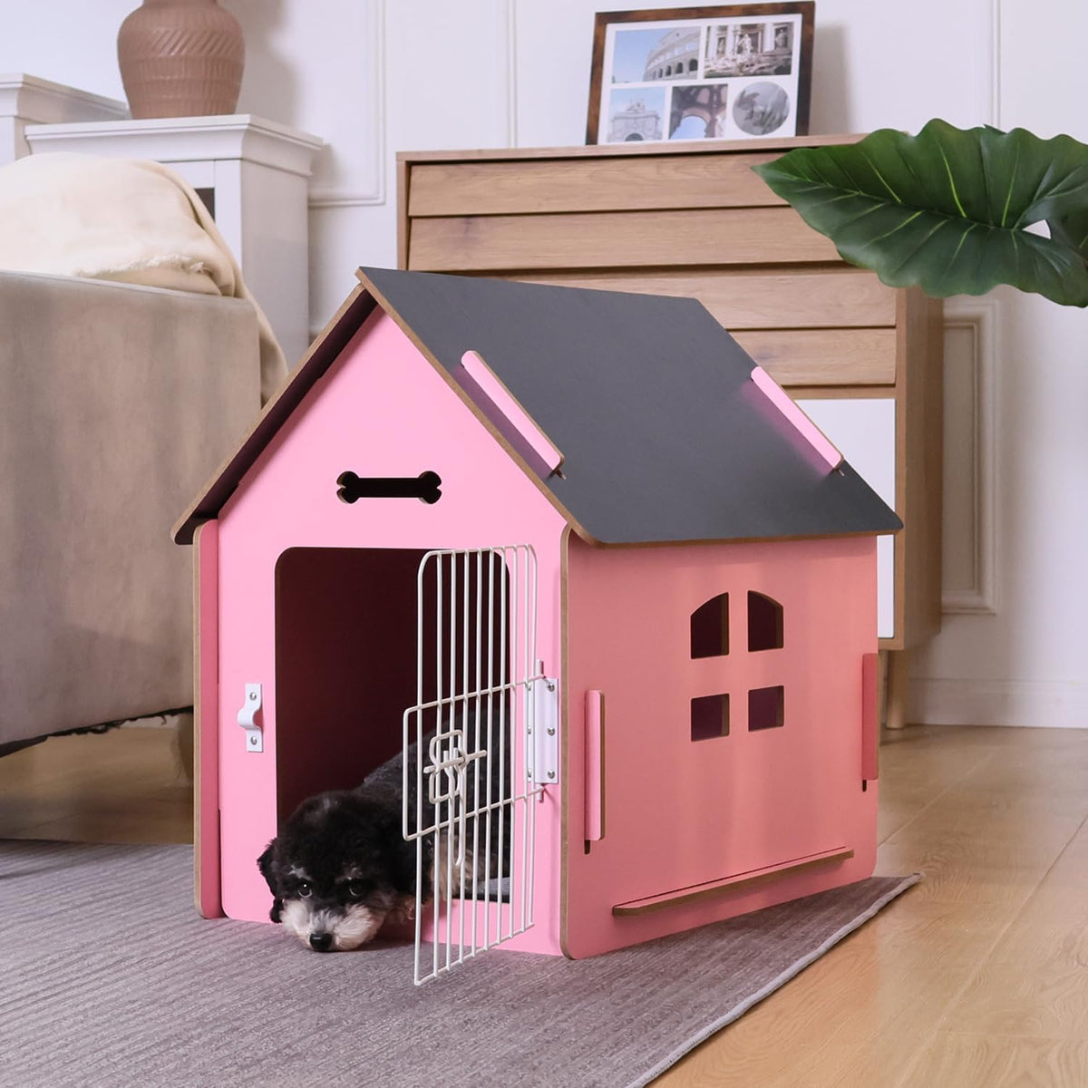 Dog House Indoor for Small Dogs or Cats, Cozy Wooden Design, Small Indoor Bed House, with Air Vents and Elevated Floor Warm Dog Cave (Large Pink)