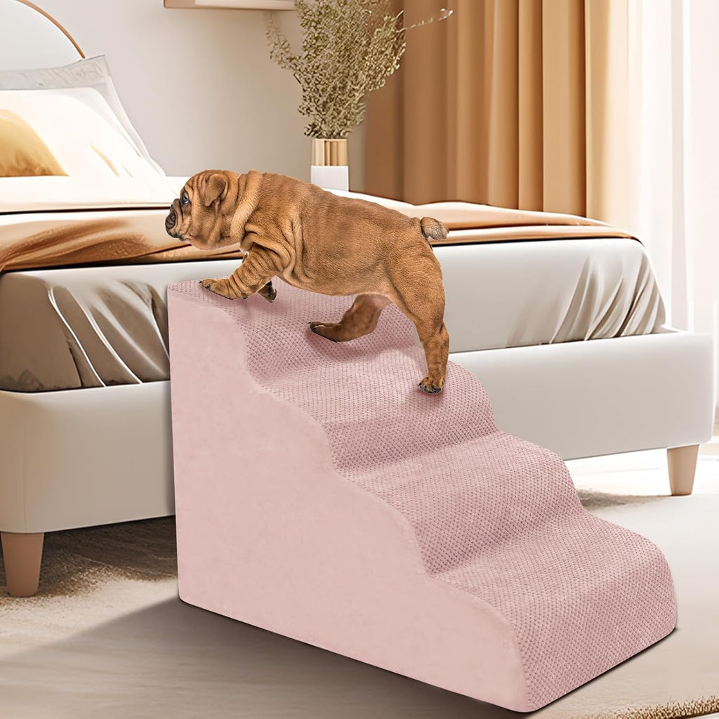 Dog Stairs for Small Dogs - High Density Foam Pet Steps, Extra Wide Dog Ramp with Non-Slip Bottom for High Beds, Couch and Sofa, Best for Dogs Injured, Older Doggy Cats,4 Stpes, Pink
