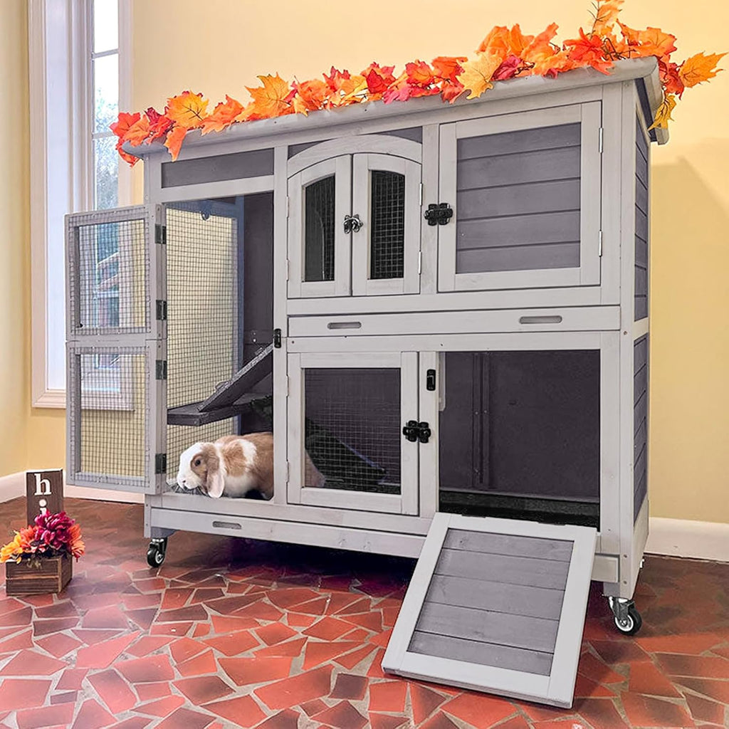 2-Tier Indoor Rabbit Hutch Bunny House Guinea Pig Cage with Sliding Plastic Trays, Wheels & Ramp, 47.2" Multi-Door Wooden Small Animal Cage for Rabbits, Bunnies, and Guinea Pigs (Grey)