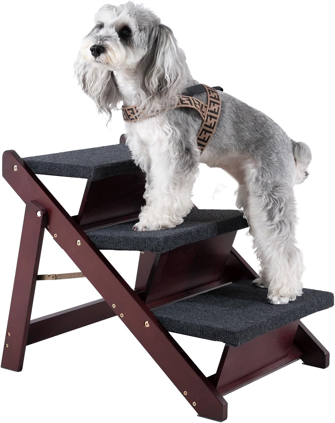 MEWANG Wooden Pet Stairs/Pet Steps - 3-in-1 Foldable Stairs & Ramp for Beds and Cars - Portable Dog/Cat Ladder Up to 220 Pounds - Great for Small and Older Animals(Brown) (24.8" L x 17.2" W x 19.5" H)