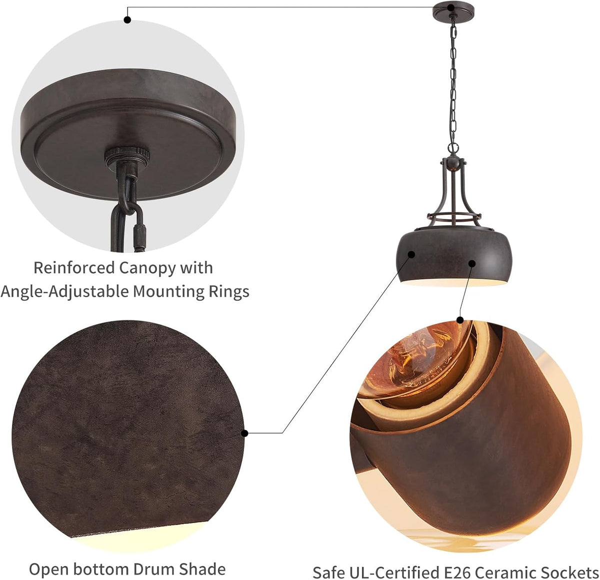WUZUPS Chandelier Rustic Farmhouse Industrial Round Ceiling Pendant LED Light Fixture with Open Bottom Drum Shade, H 15.7" x W 13.4", Distressed Rust