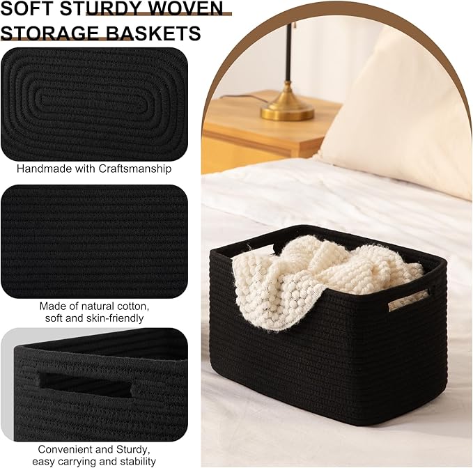 Storage Baskets for Organizing, Woven Decorative Baskets for Shelves - Books, Towels, and Clothes, Cotton Rope Toy Storage Bins, 12.7''Lx9''Wx7.8''H, Pack of 4, Black