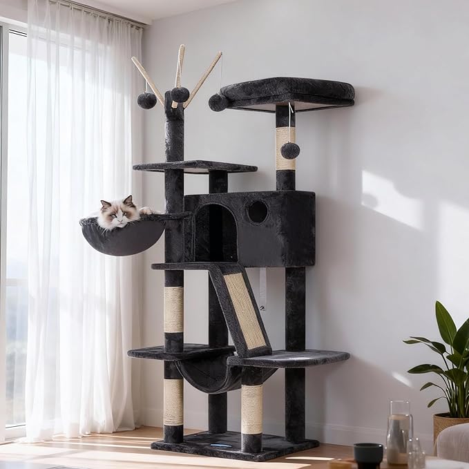 Hey-brother Cat Tree, 53 inch Cat Tower for Indoor Cats, Cat House with Padded Platform Bed, Toy Balls, Large Cozy Condo, Hammocks and Sisal Scratching Posts, Smoky Gray MPJ019-SG