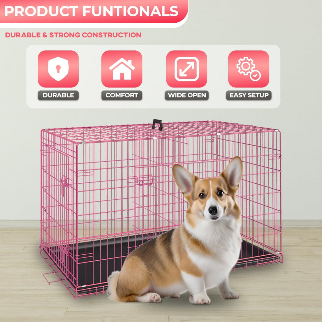 FDW Dog Crate for Small Dogs 24 Inch Folding Metal WirePet Cage Double Door W/Divider Panel Indoor Outdoor Kennel Leak-Proof Plastic Tray,Pink