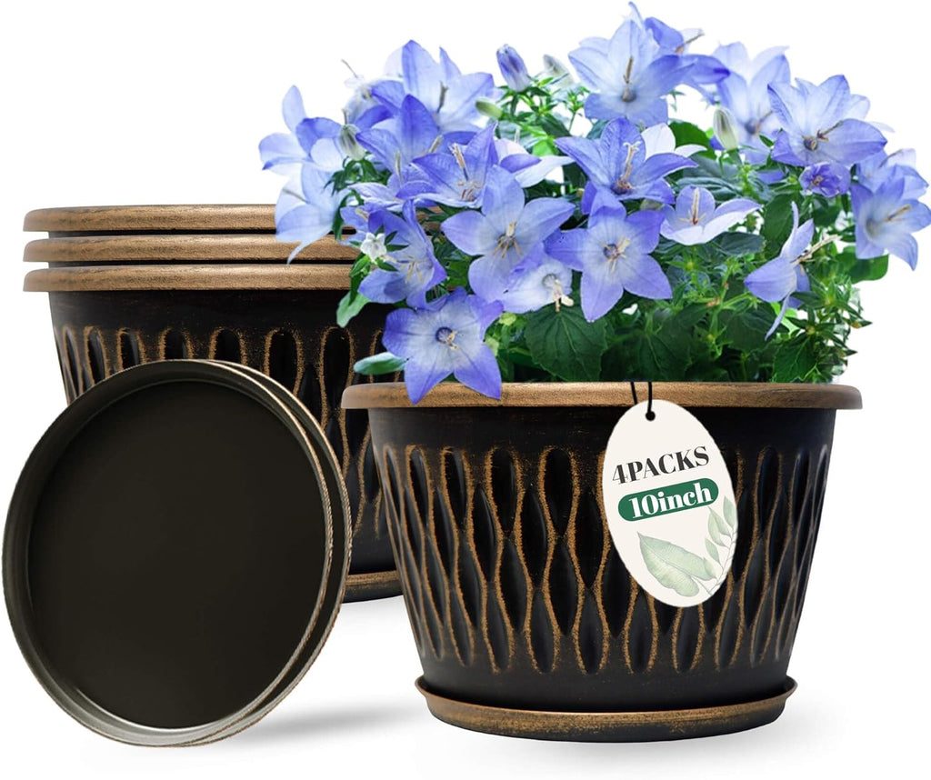 4 Pack 10 Inch Retro Plant Pots, Vintage Striped Flower Pots with Drainage Hole & Saucer, Large Plastic Planters for Indoor and Outdoor Plants, Decorative Garden Pots(Gold)