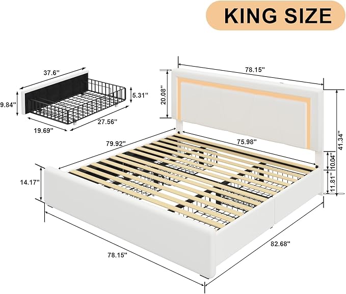King Bed Frame with 4 Storage Drawers and Adjustable Headboard, Upholstered Platform Bed with LED Lights and USB Ports, Solid Wooden Slats Support, No Box Spring Needed, Easy Assembly, White