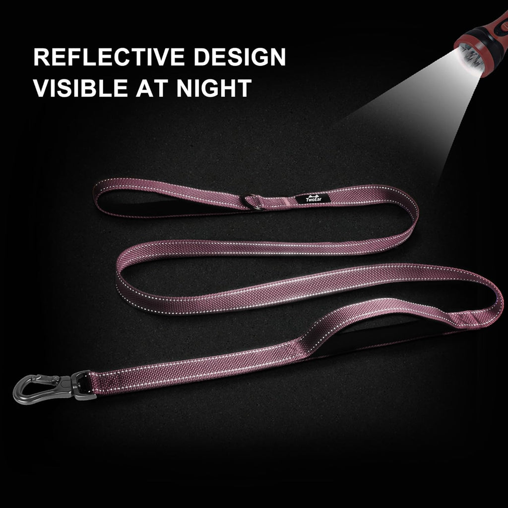 TwoEar 5FT 1IN Strong Pink Dog Leash with 2 Padded Handles, Traffic Handle Extra Control, Comfortable Soft Dual Handle, Auto Lock Hook, Reflective Walking Lead for Small Medium and Large Dogs