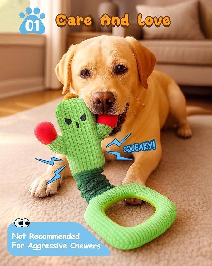 Swooflia Tug of War Dog Toy-Squeaky Plush Tug a War Dog Toy for Medium Large Breed Dogs to Keep Them Busy, Interactive Crinkle Doggie Toy, Cute Cactus with Soft Long Pull Handle