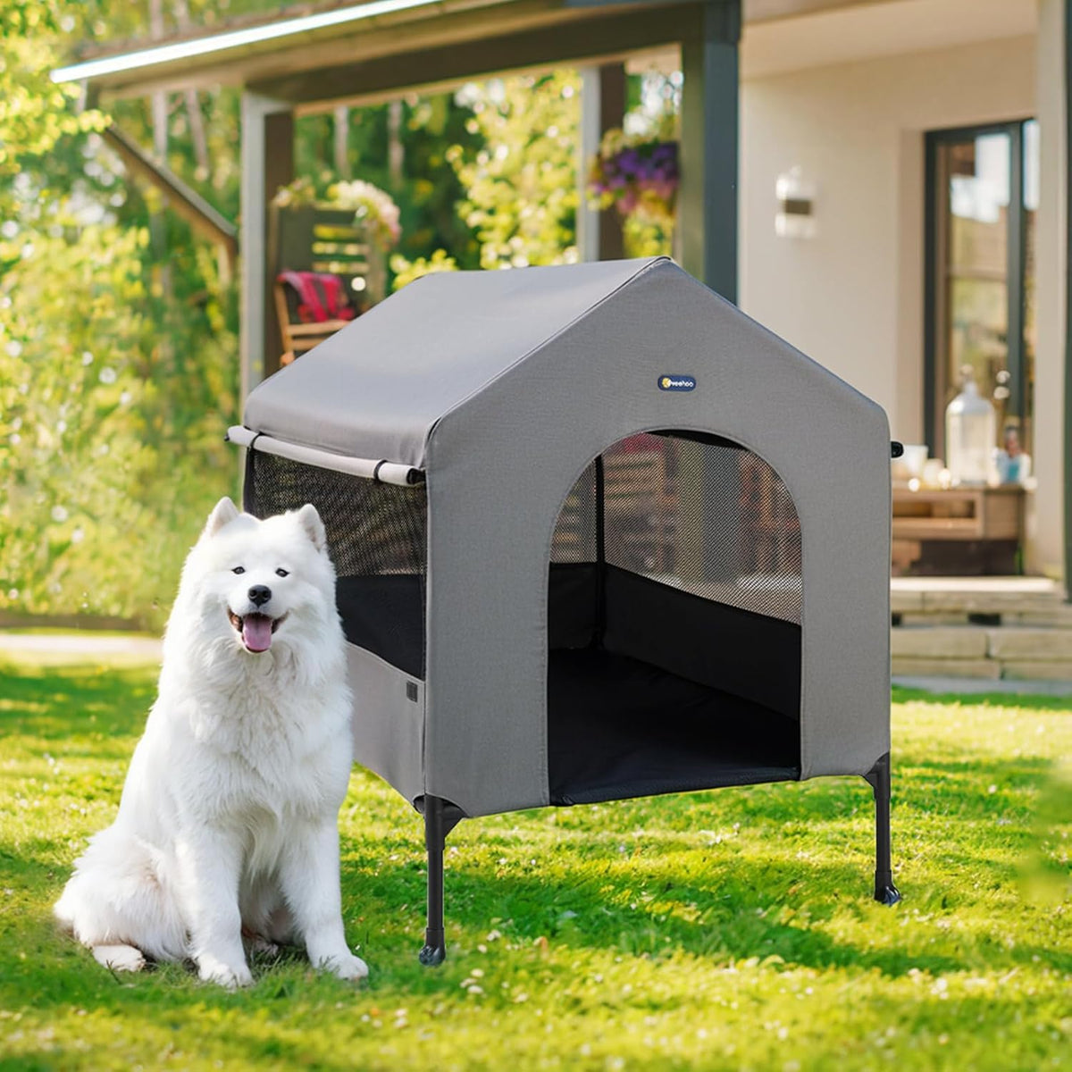 Veehoo 35" Dog House, 2-in-1 Large Dog House Outdoor Indoor Weatherproof, Outside Elevated Dog Cot Bed Dog Tent Shade, Three-Sided Breathable Mesh Windows and Sunshades, CWC2435CP
