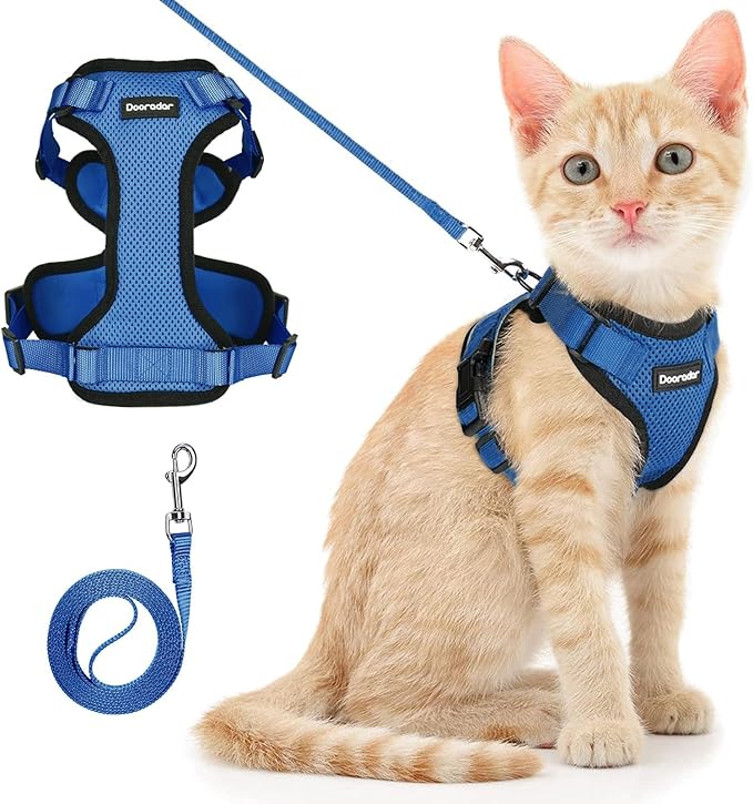 Dooradar Cat Harness and Leash Set, Escape Proof Safe Adjustable Kitten Vest Harnesses for Walking, Easy Control Soft Breathable Mesh Jacket with Reflective Strips for Cats, Blue, S