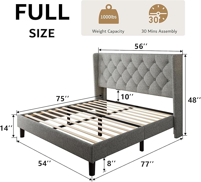 iPormis Full Size Platform Bed Frame with Button Tufted Headboard, Upholstered Bed Frame with Solid Wooden Slats, 8" Underbed Space, No Box Spring Needed, Noise Free, Easy Assembly, Light Gray