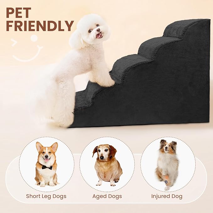 5 Steps Dog Stairs for Bed, 24" Dog Steps for High Bed, High Density Pet Steps for Small Dogs, Extra Wide Non-Slip Dogs Ramp for Injured, Older Pets, Small Cats, Black