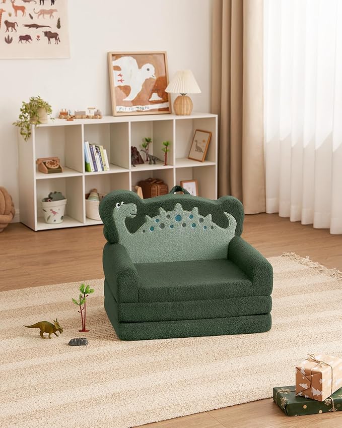 Blissful Diary Kids Couch, 2-in-1 Soft Toddler Couch Fold Out, Toddler Chair Comfy, Convertible Sofa to Lounger, Kids Furniture for Playroom, Gift for Birthday, Children's Day, Green Dinosaur